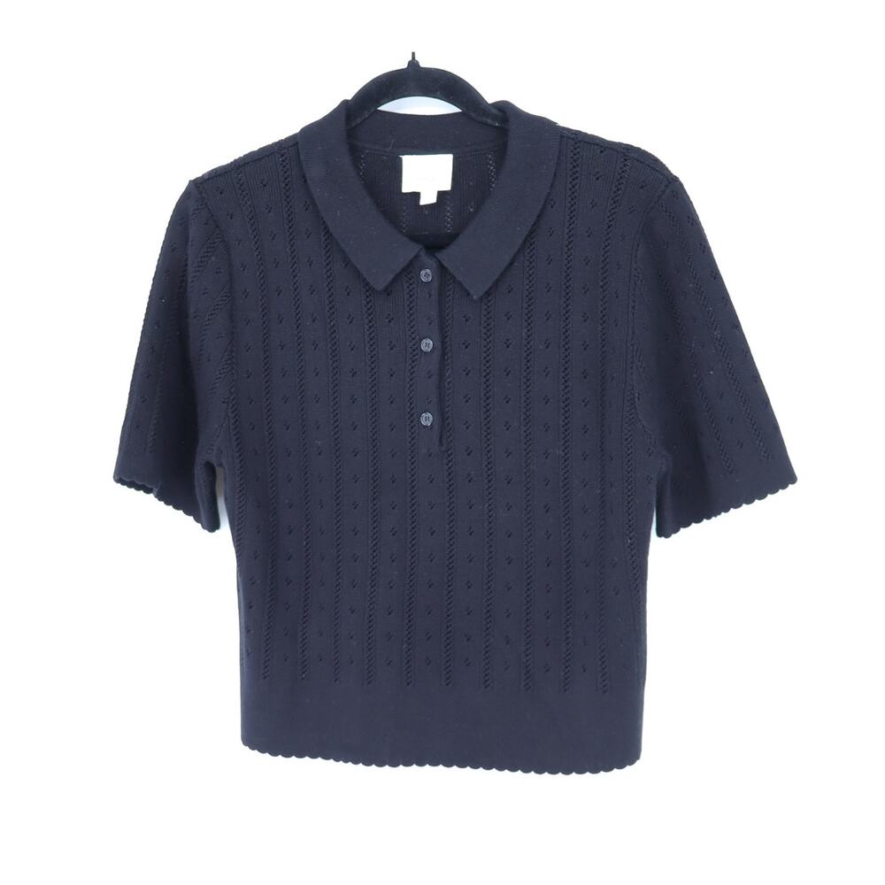 Hersy Pointelle Knit Polo Shirt Black Scalloped Trim Short Sleeve Women's L